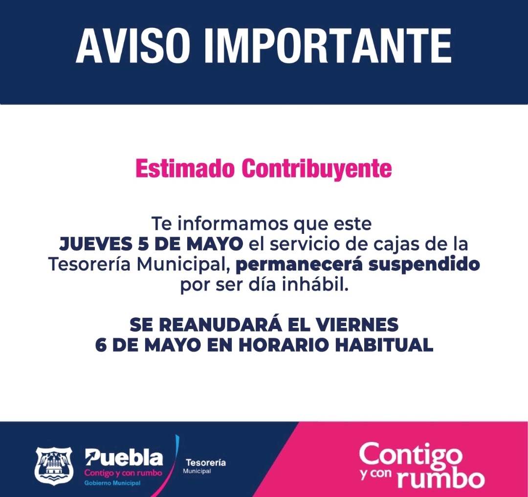 Cajas de Tesorería Municipal y del CAM permanecerán cerradas este 5 de mayo