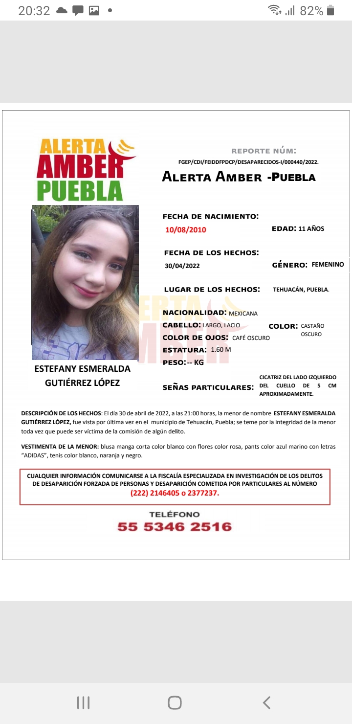 Se activa Alerta Amber para localizar a Estefany Esmeralda de 11 años