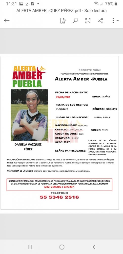 Alerta Amber por jovencita de 15 años