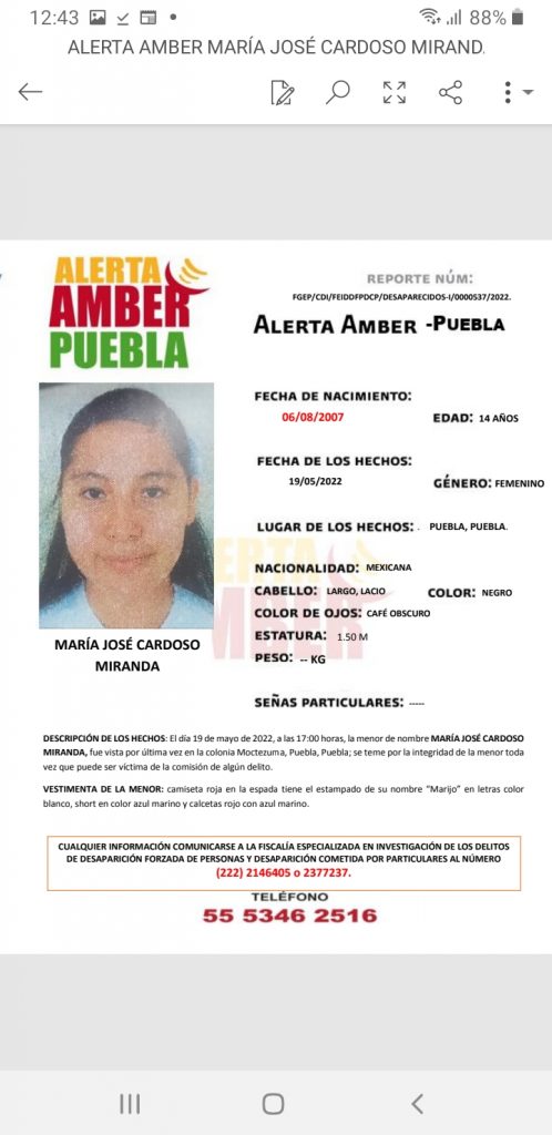 Alerta Amber: Desaparece jovencita de 14 años en Puebla capital