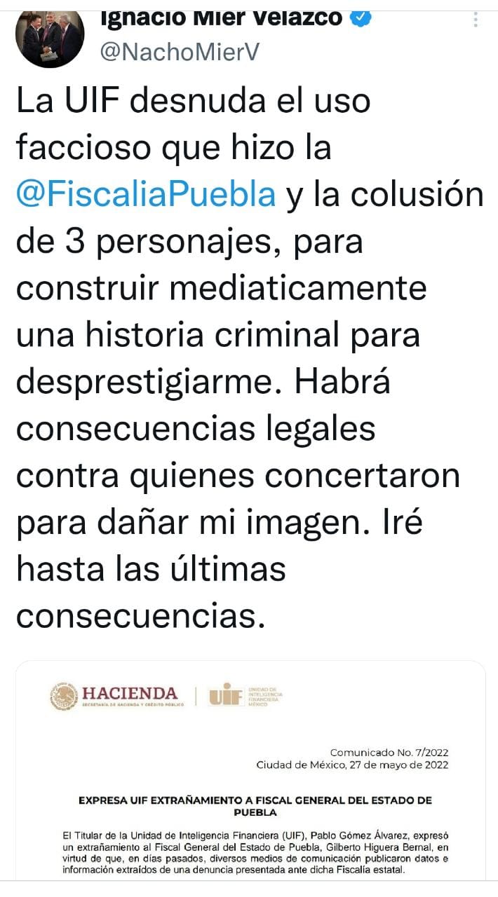 Expresa UIF extrañamiento a Fiscal General del Estado de Puebla