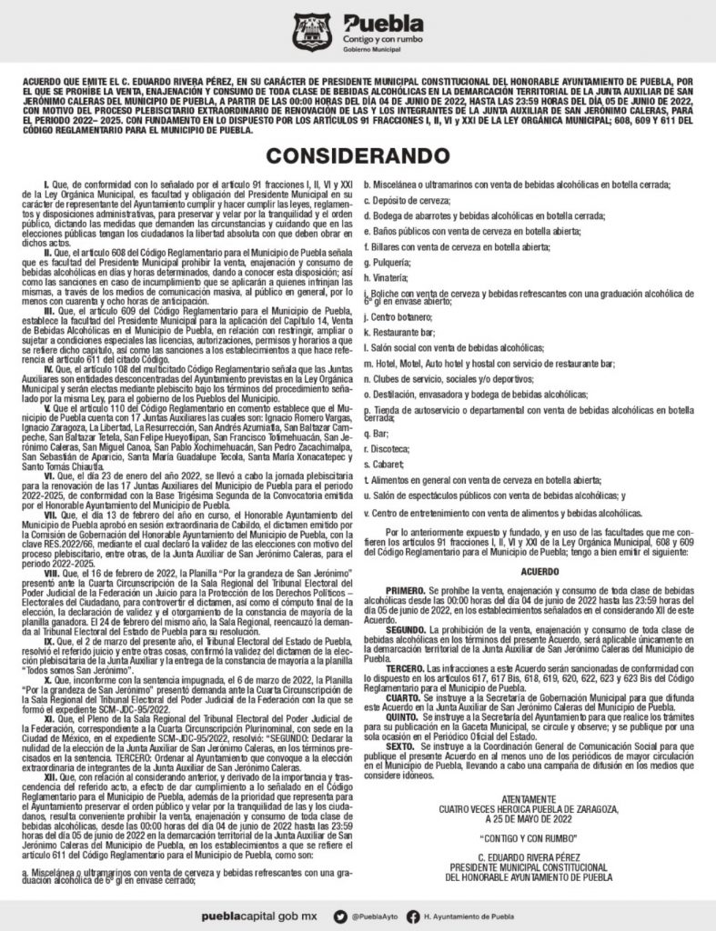 Habrá ley seca en san Jerónimo Caleras con motivo de la elección extraordinaria