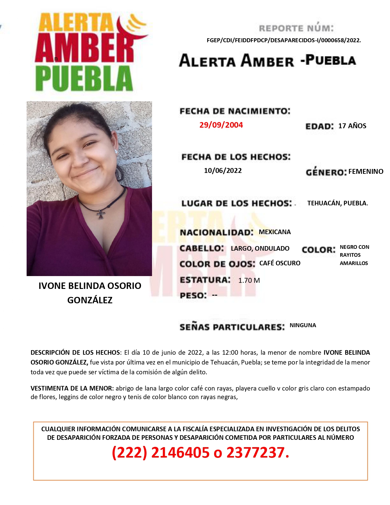Fiscalía Puebla activa la Alerta AMBER de la menor IVONE BELINDA OSORIO GONZÁLEZ