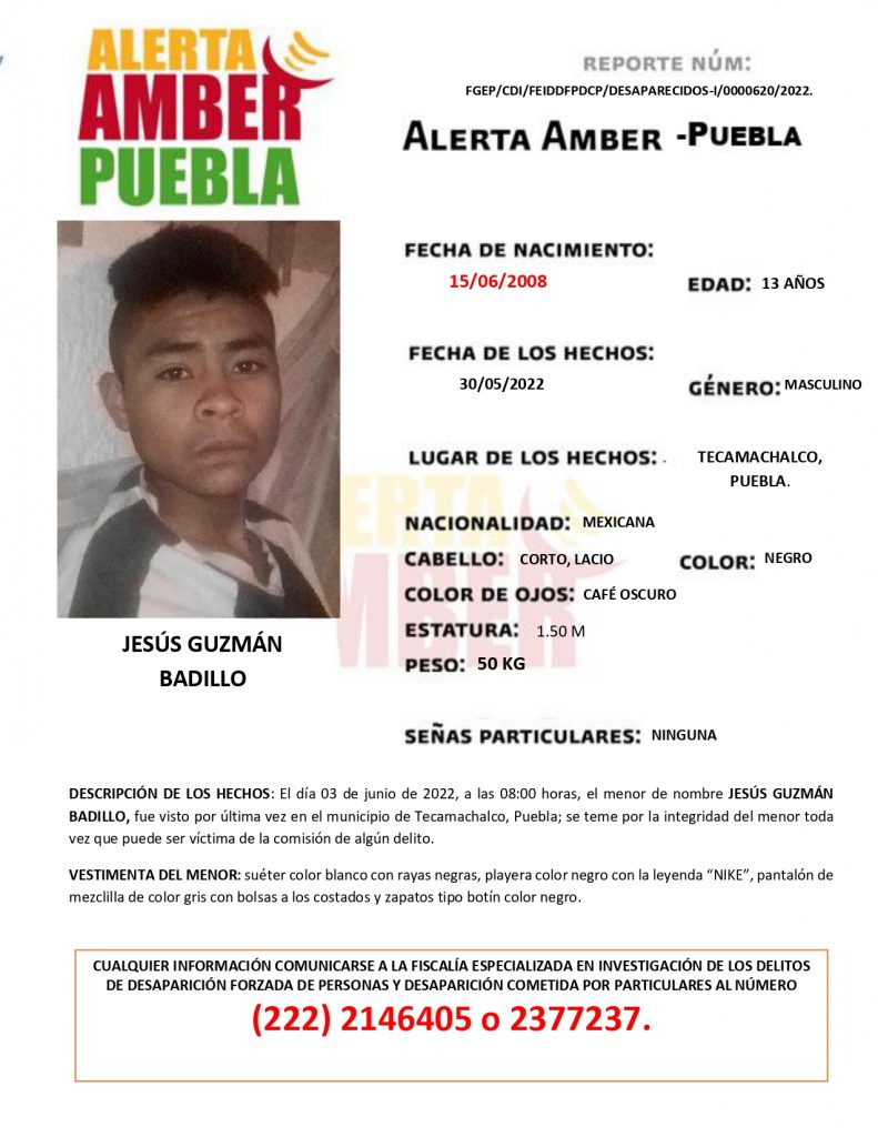 Fiscalía Puebla activa la Alerta AMBER del menor JESÚS GUZMÁN BADILLO