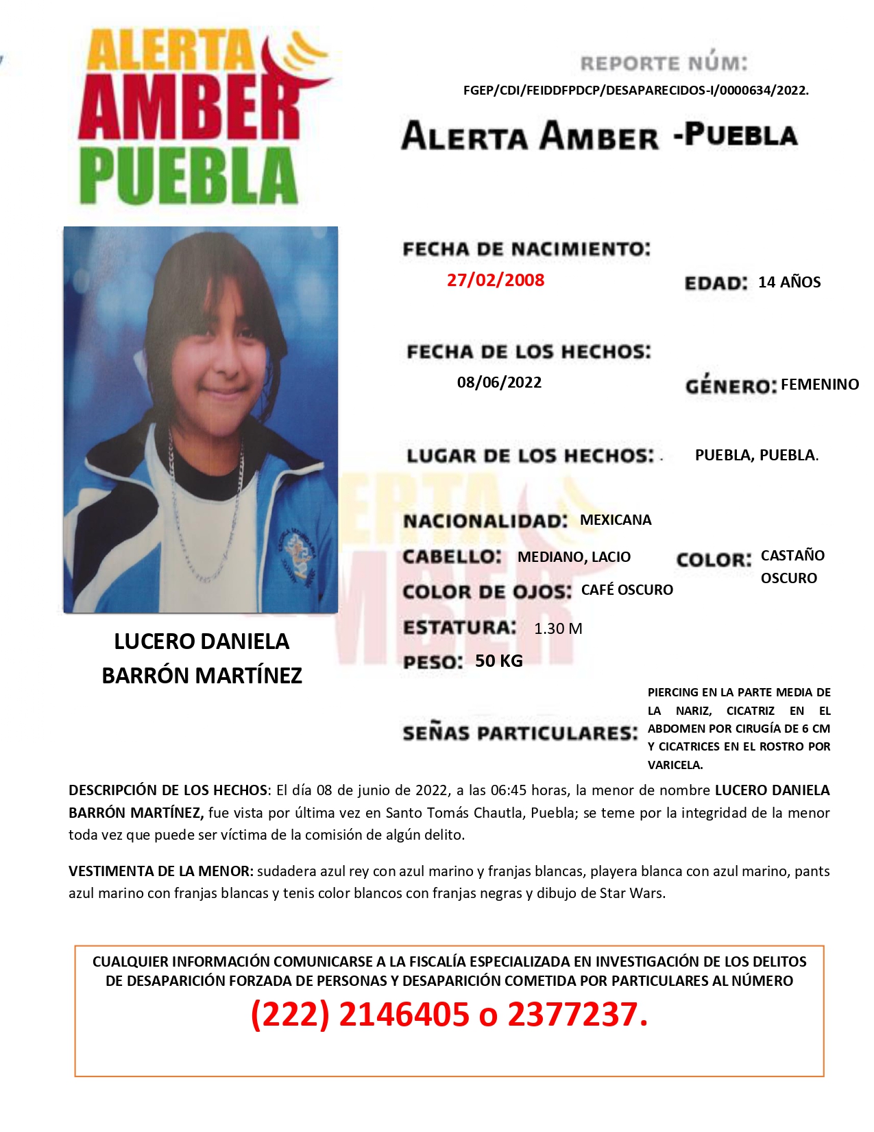 Fiscalía Puebla activa la Alerta AMBER de la menor LUCERO DANIELA BARRÓN MARTÍNEZ