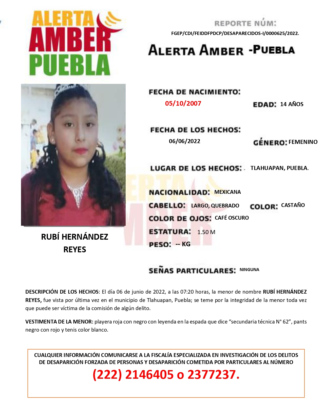 Fiscalía Puebla activa la Alerta AMBER de la menor RUBÍ HERNÁNDEZ REYES