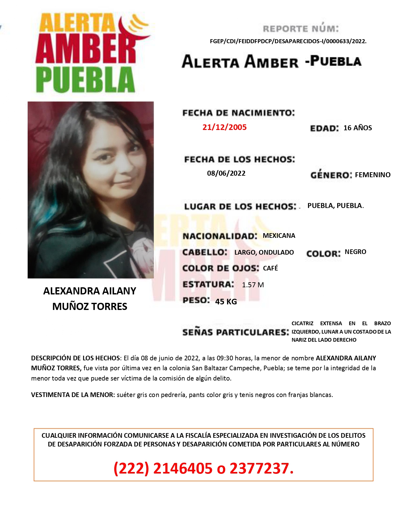 Fiscalía Puebla activa la Alerta AMBER de la menor ALEXANDRA AILANY MUÑOZ TORRES