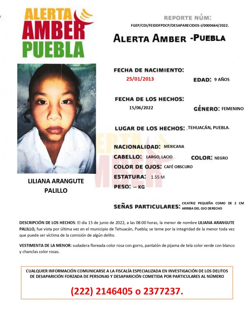 Fiscalía Puebla activa la Alerta AMBER de la menor LILIANA ARANGUTE PALILLO y de la menor KARLA AZENETH FLORES GÓMEZ