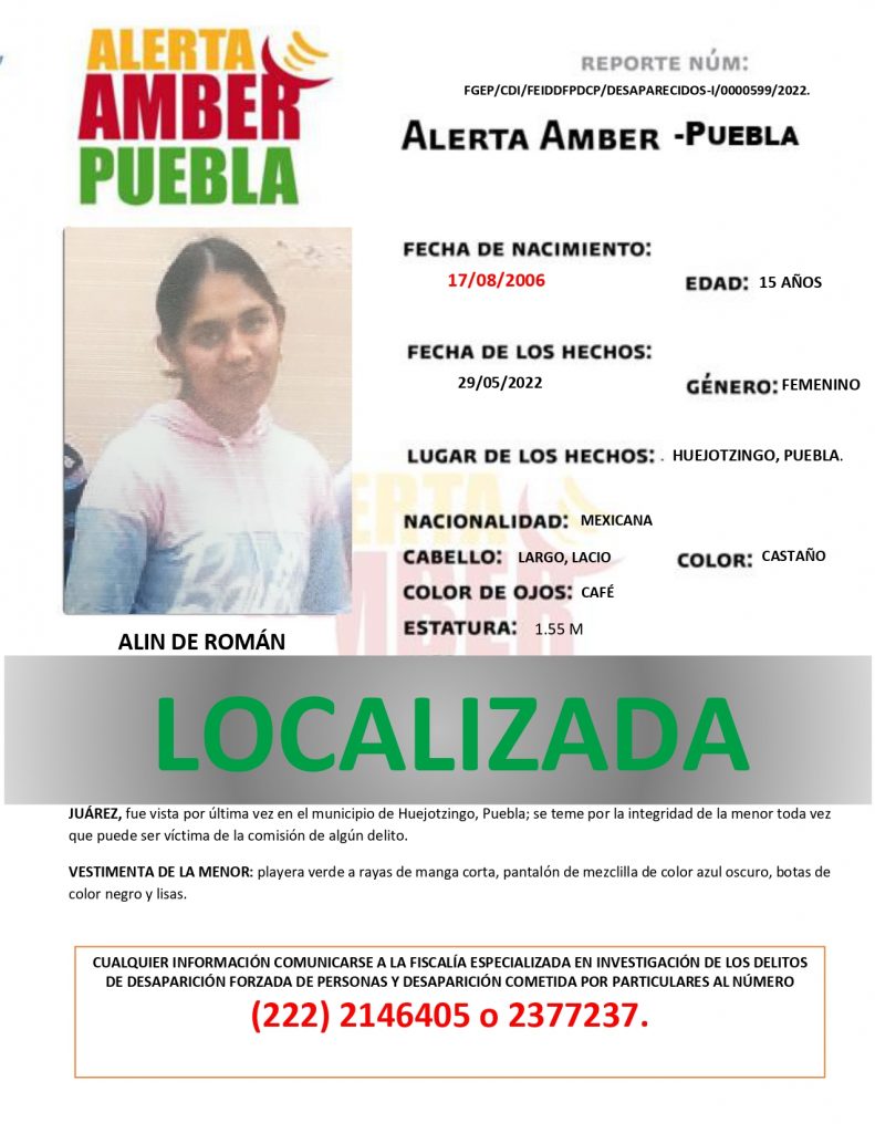 Se desactiva la ALERTA AMBER de la menor ALIN DE ROMÁN JUÁREZ