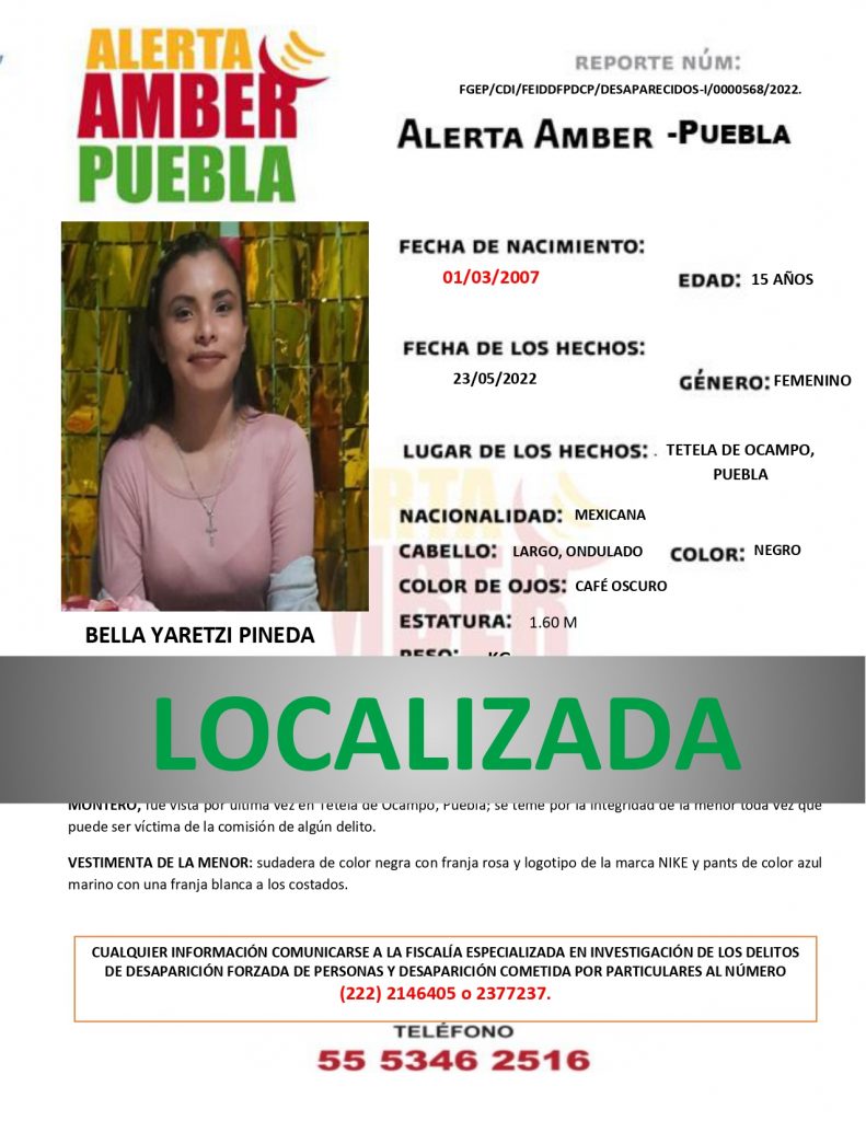 Se desactiva la ALERTA AMBER de la menor BELLA YARETZI PINEDA MONTERO