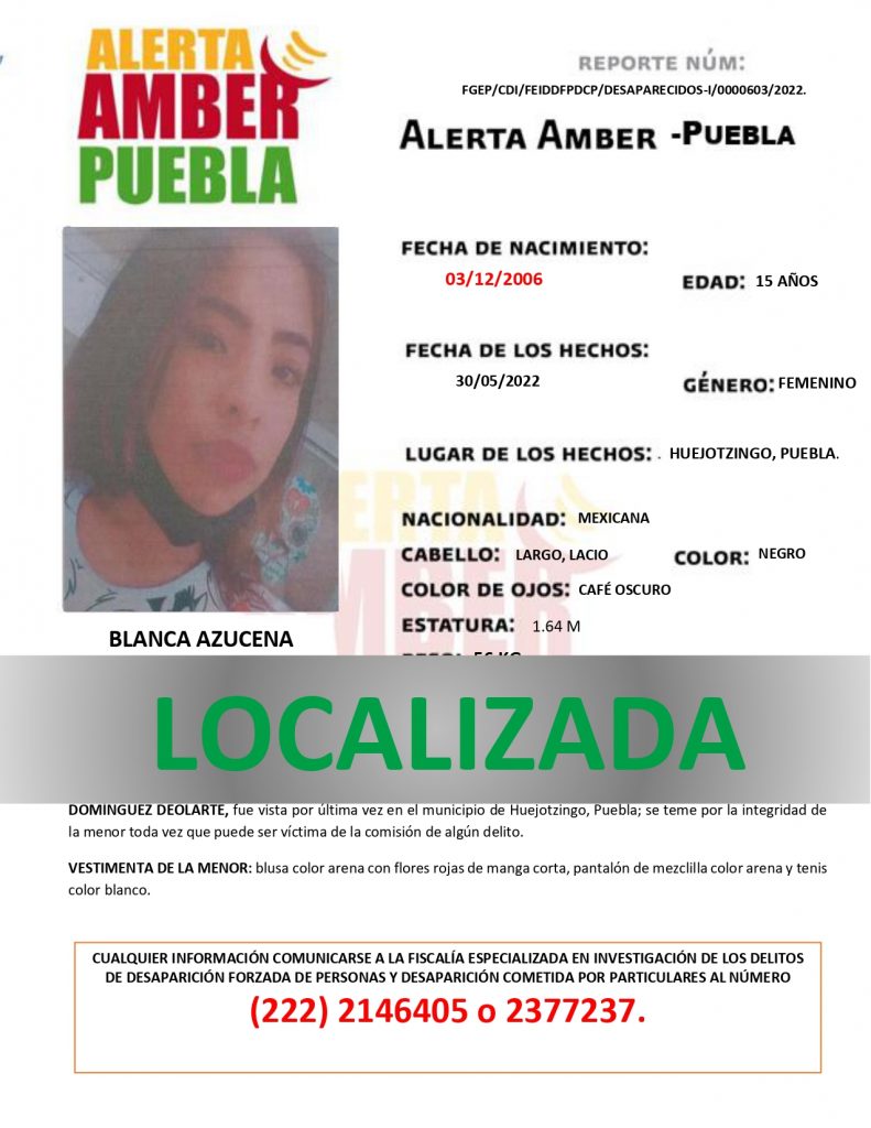 Se desactiva la ALERTA AMBER de la menor BLANCA AZUCENA DOMÍNGUEZ DEOLARTE de 15 años de edad