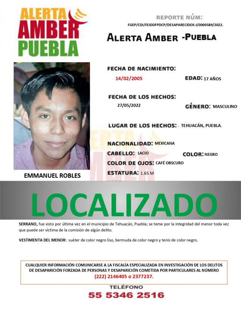 Se desactiva la ALERTA AMBER del menor EMMANUEL ROBLES SERRANO