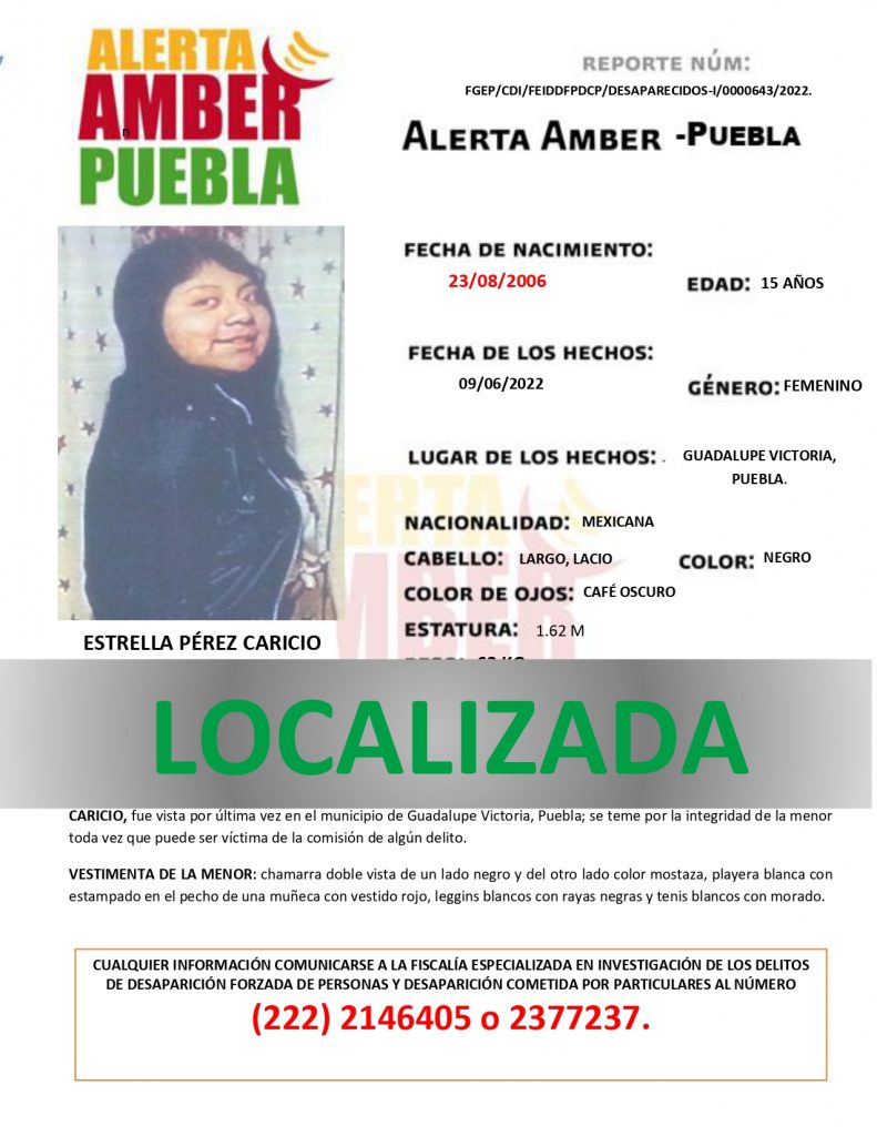 Se desactiva  la ALERTA AMBER de la menor  ESTRELLA PÉREZ CARICIO