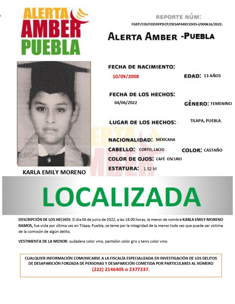 Se desactiva la ALERTA AMBER de la menor KARLA EMILY MORENO RAMOS