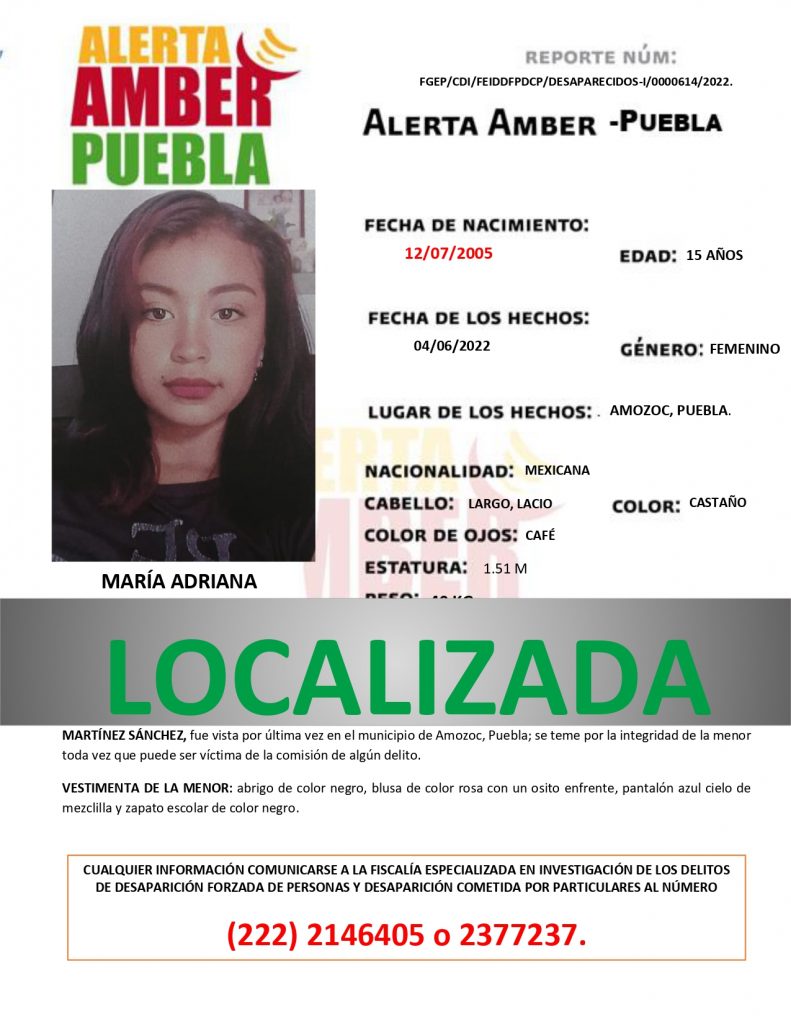 Se desactiva la ALERTA AMBER de la menor MARÍA ADRIANA MARTÍNEZ SÁNCHEZ
