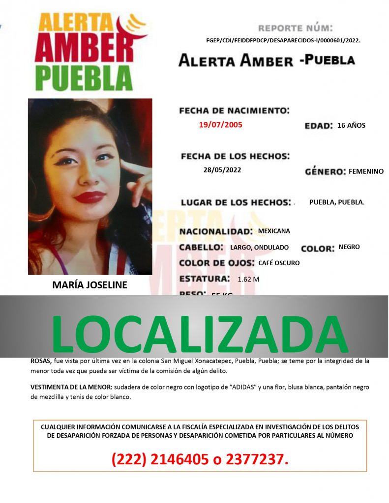 Se desactiva la ALERTA AMBER de la menor MARÍA JOSELINE ORTEGA ROSAS