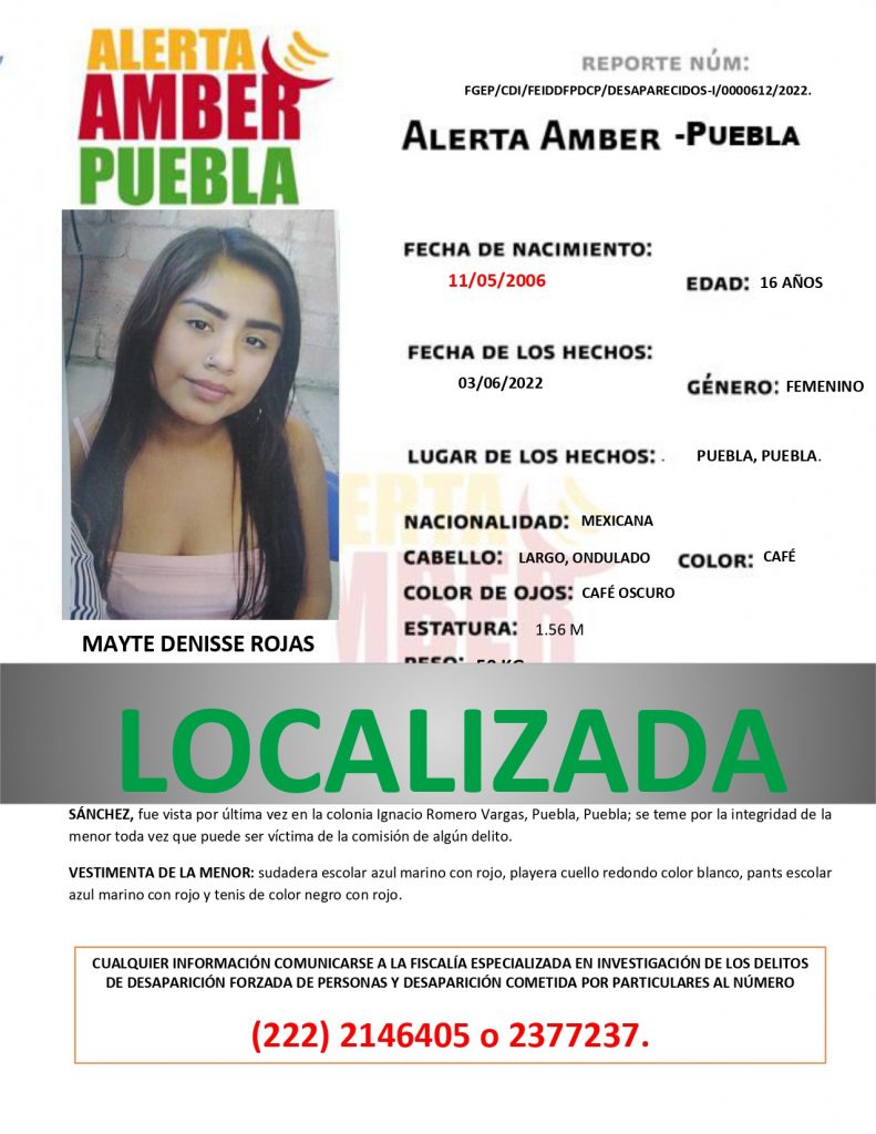 Se desactiva la ALERTA AMBER de la menor MAYTE DENISSE ROJAS SÁNCHEZ