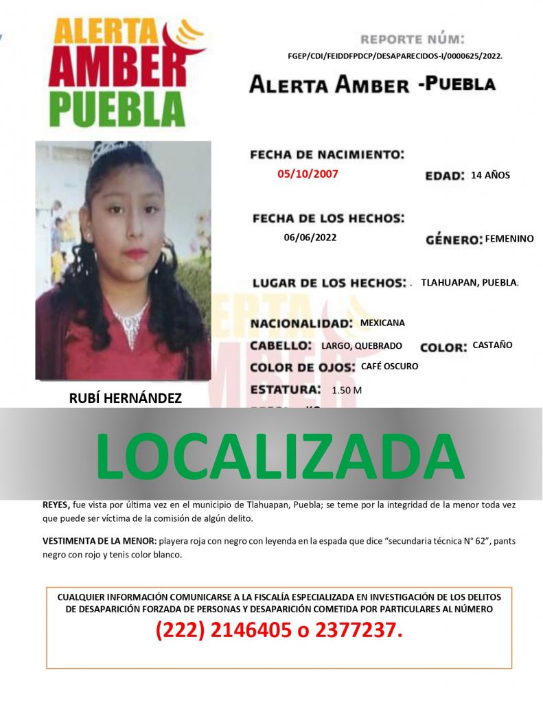 Se desactiva la ALERTA AMBER de la menor RUBÍ HERNÁNDEZ REYES