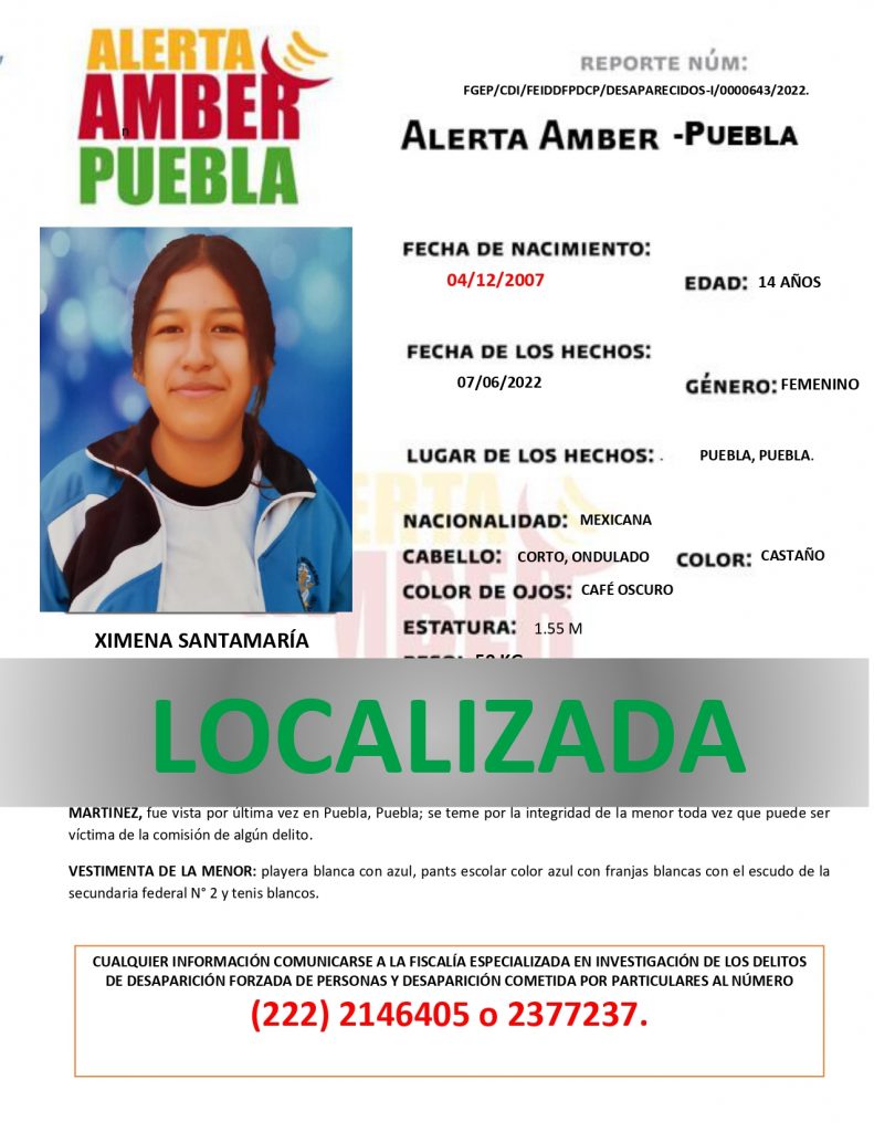 Se desactiva la ALERTA AMBER de la menor XIMENA SANTAMARÍA MARTÍNEZ