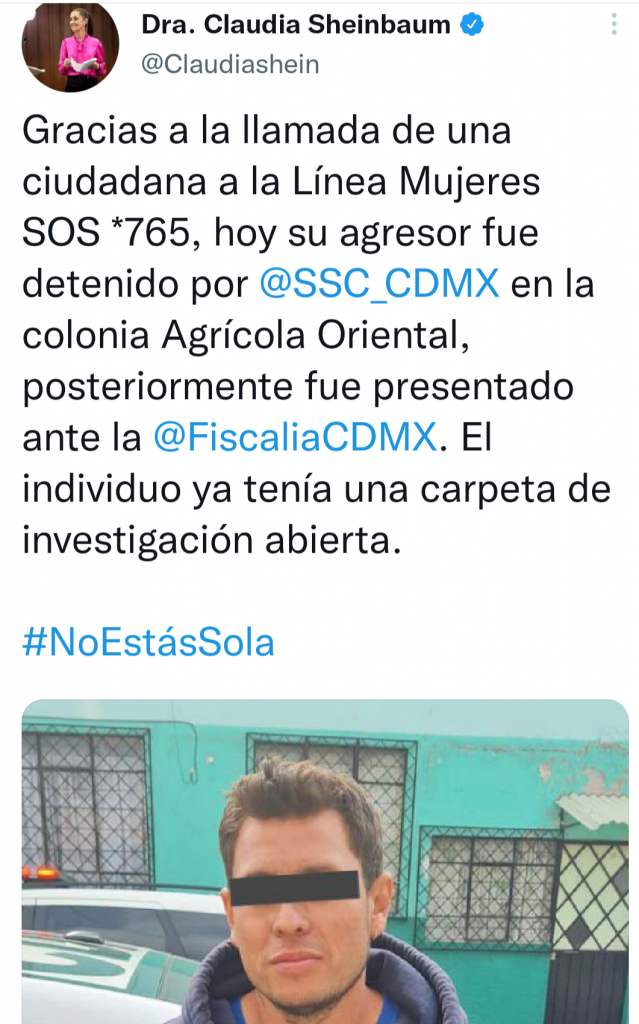 Detienen a agresor gracias a llamada a línea mujeres sos *765: Claudia Sheinbaum