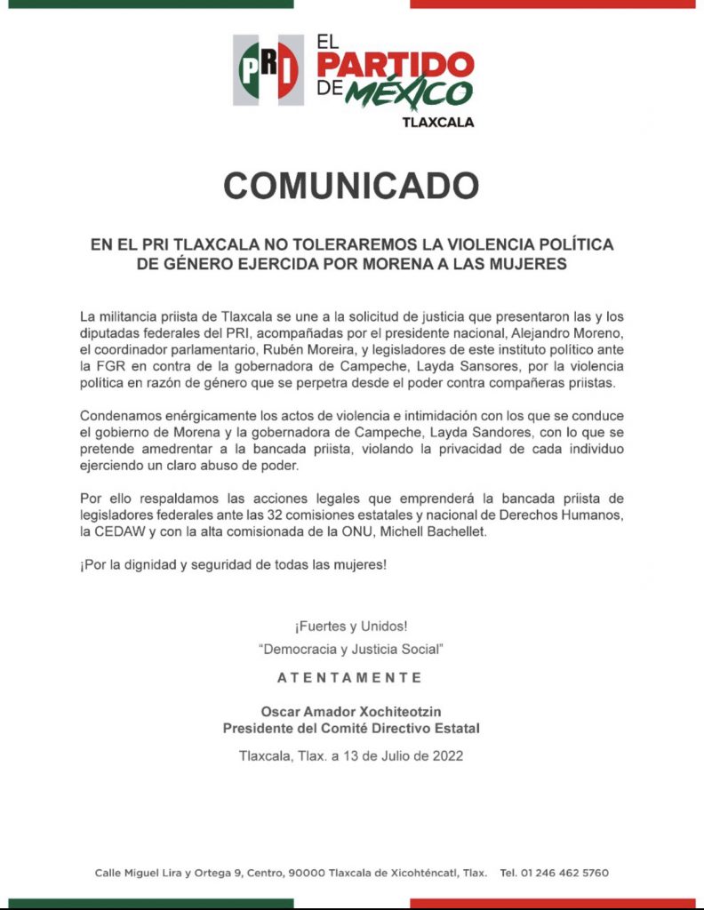 En el PRI Tlaxcala no toleraremos la violencia política de genero ejercida por Morena a las mujeres