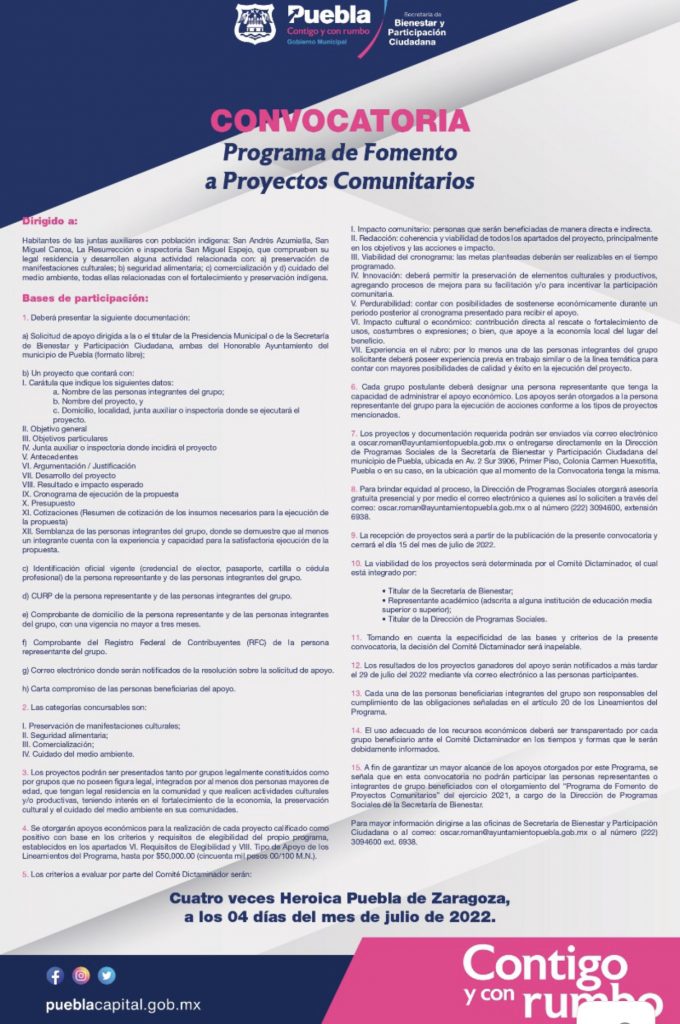 Ayuntamiento de Puebla lanza convocatoria del programa de fomento a proyectos comunitarios