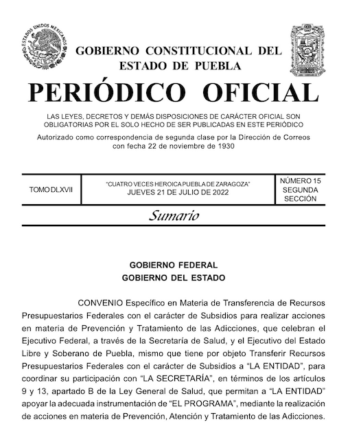 Otorga Federación a Puebla 3.8 mdp en materia de prevención y atención de adicciones