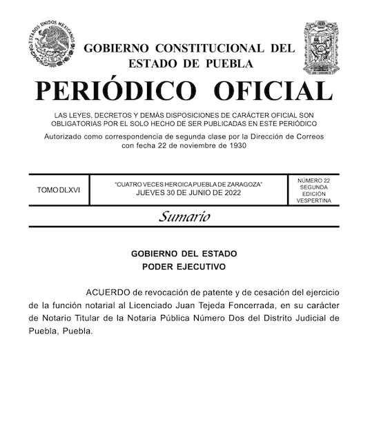 Gobierno de Puebla revocó una notaría más por funciones irregulares