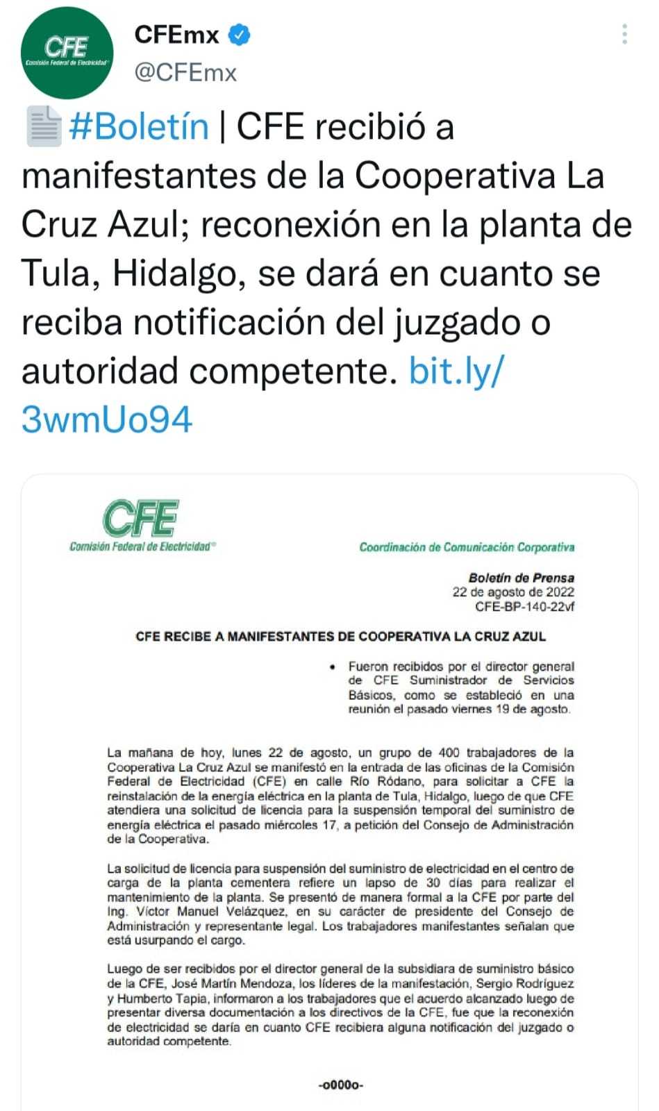 En apego a derecho, la acción realizada por la CFE en la planta secuestrada de la cooperativa Cruz Azul en Hidalgo