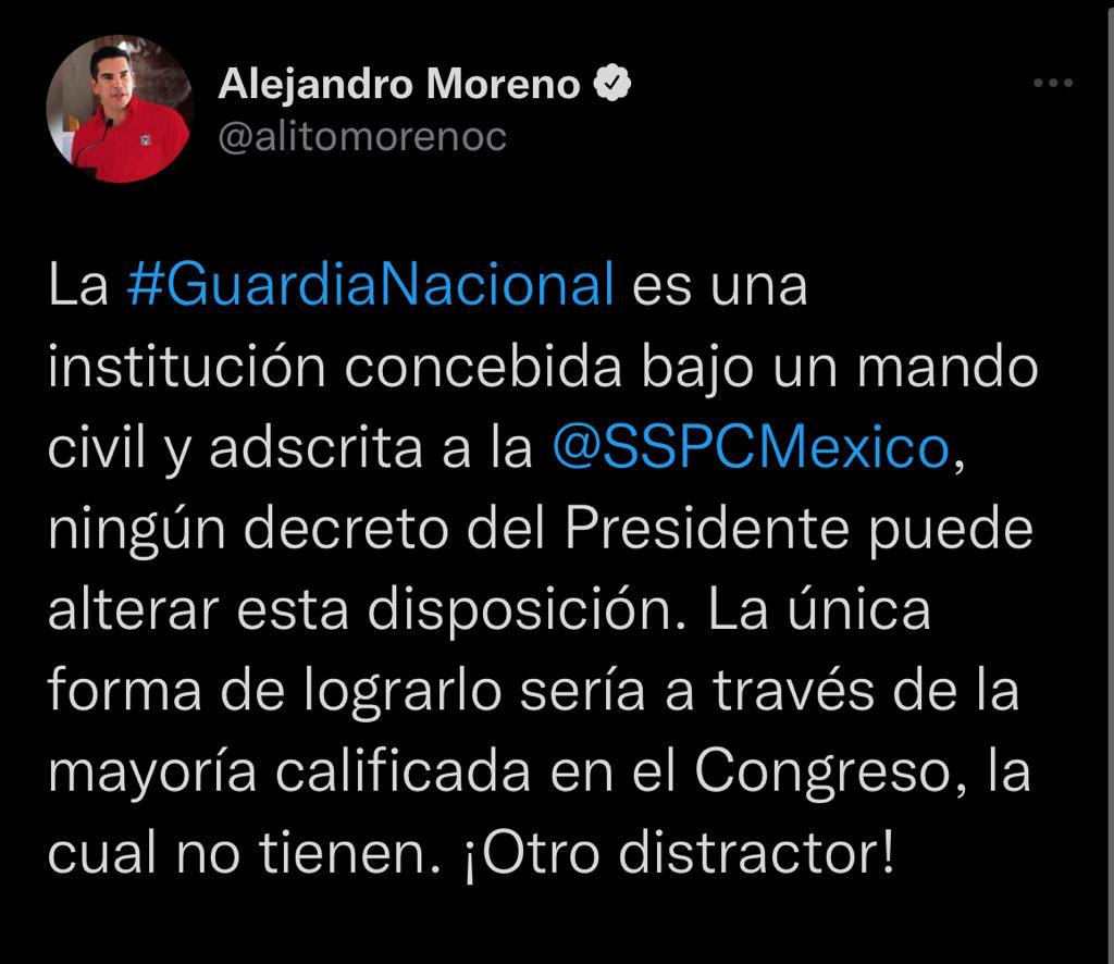 Ningún decreto presidencial puede cambiar adscripción de Guardia Nacional: Alejandro Moreno