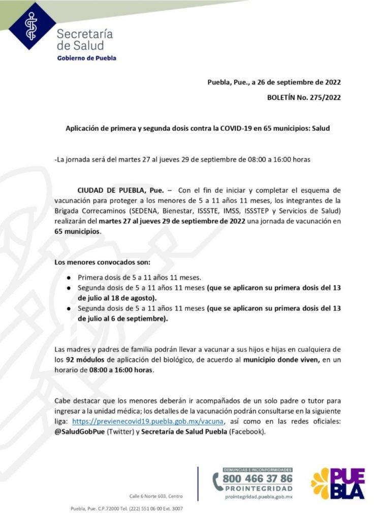 Video desde Puebla: Del 27 al 29 de septiembre habrá vacunación anticovid en 65 municipios de Puebla