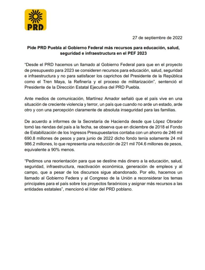 Pide PRD Puebla al Gobierno Federal más recursos para educación, salud, seguridad e infraestructura en el PEF 2023