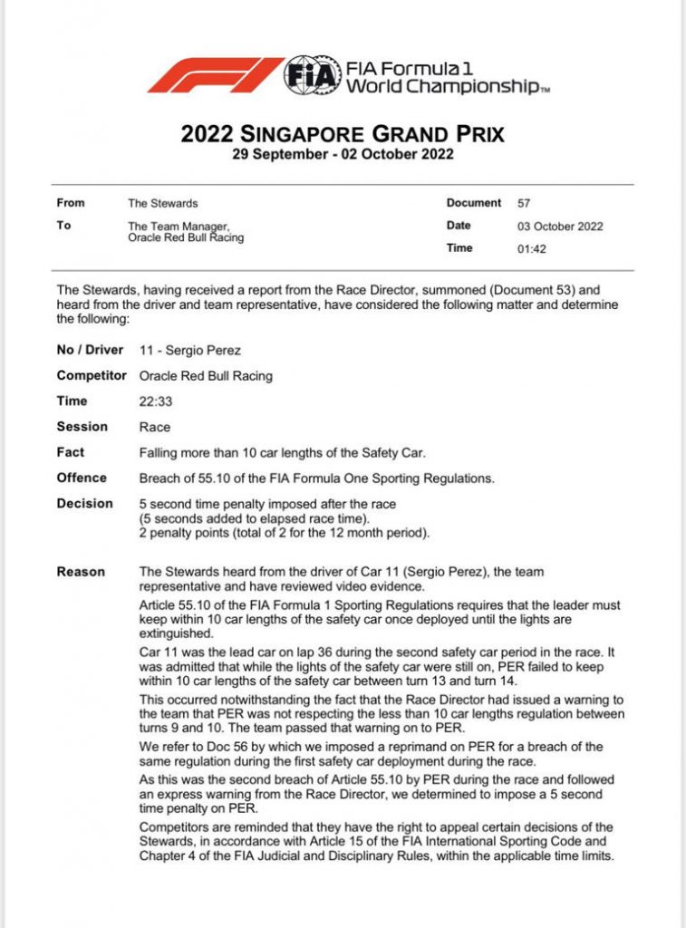 Sancionan a Checo Pérez tras el Gran Premio de Singapur por queja de Lewis Hamilton
