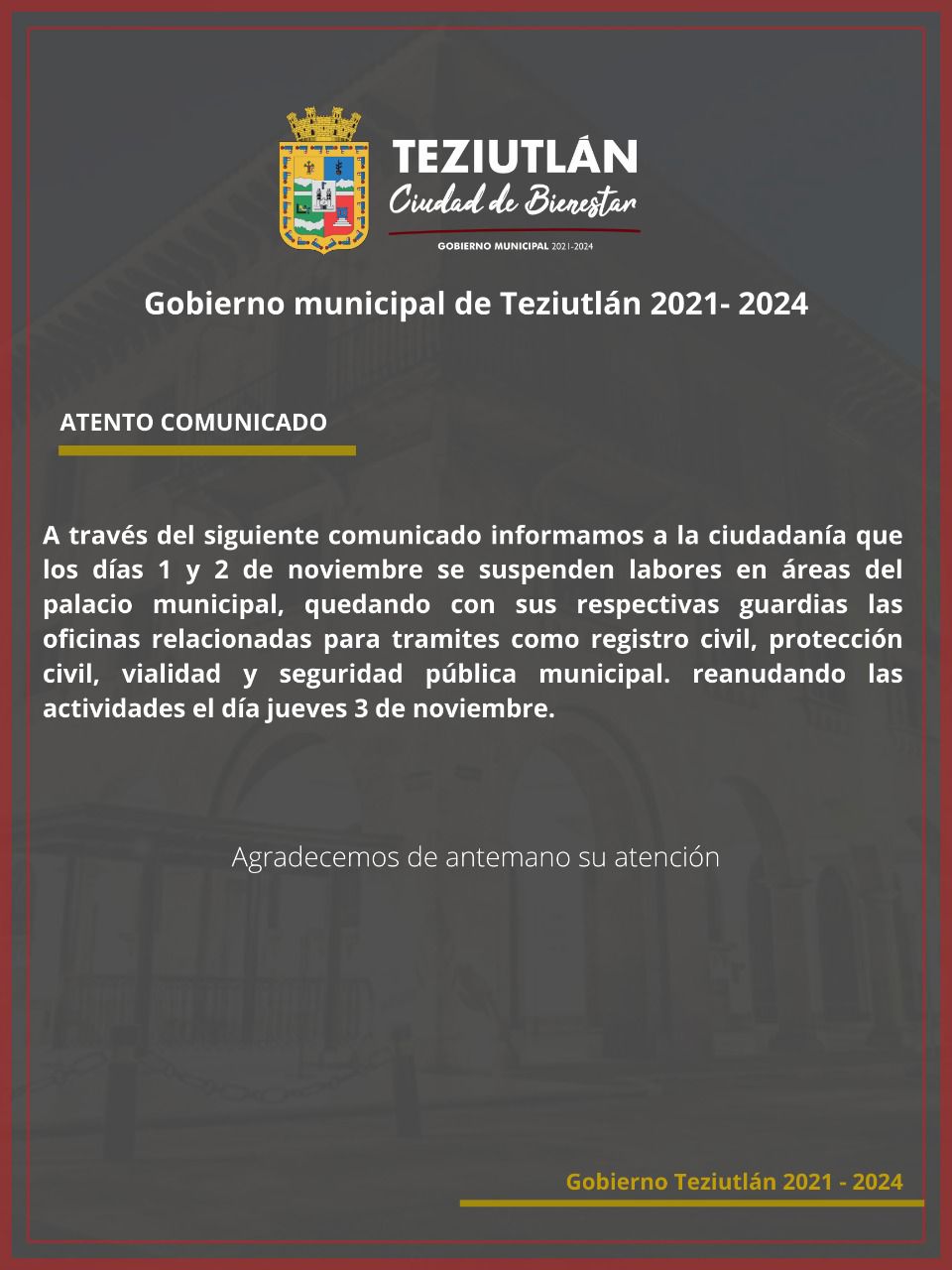 Desde Teziutlán: Por Todos Santos, se suspenden actividades en el palacio municipal
