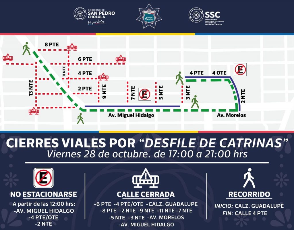 SSC Cholula implementará cierre de calles por desfile de catrinas