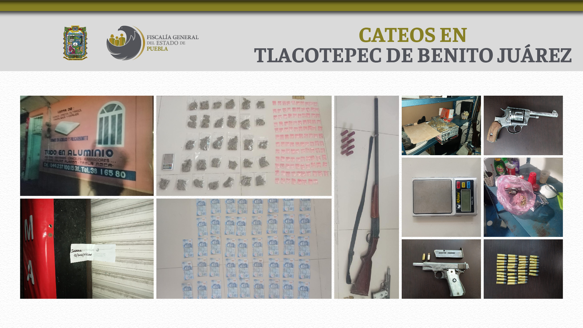 En cateo en Tlacotepec la FGE aseguró armas, cartuchos y droga