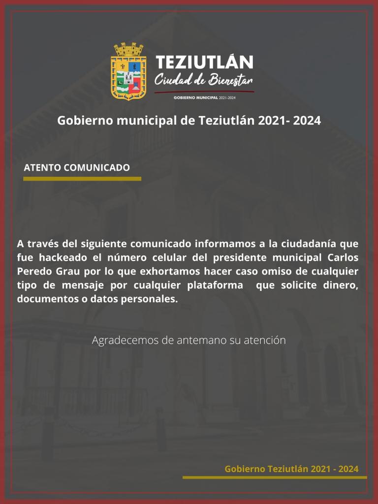 Ayuntamiento de Teziutlán denuncian clonación del celular del alcalde Carlos Peredo