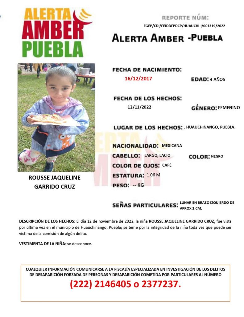 Desaparece niña de 4 años en Huauchinango