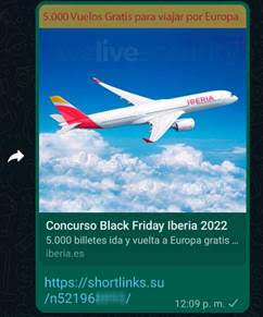 Nuevo engaño en WhatsApp hace creer que Iberia está regalando pasajes por el Black Friday