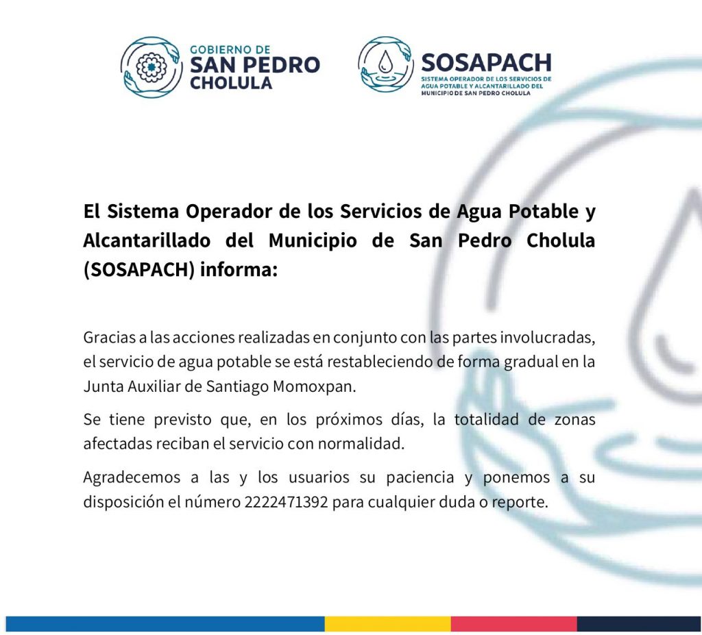Se reestablece servicio de agua en Momoxpan: Ayuntamiento de San Pedro Cholula