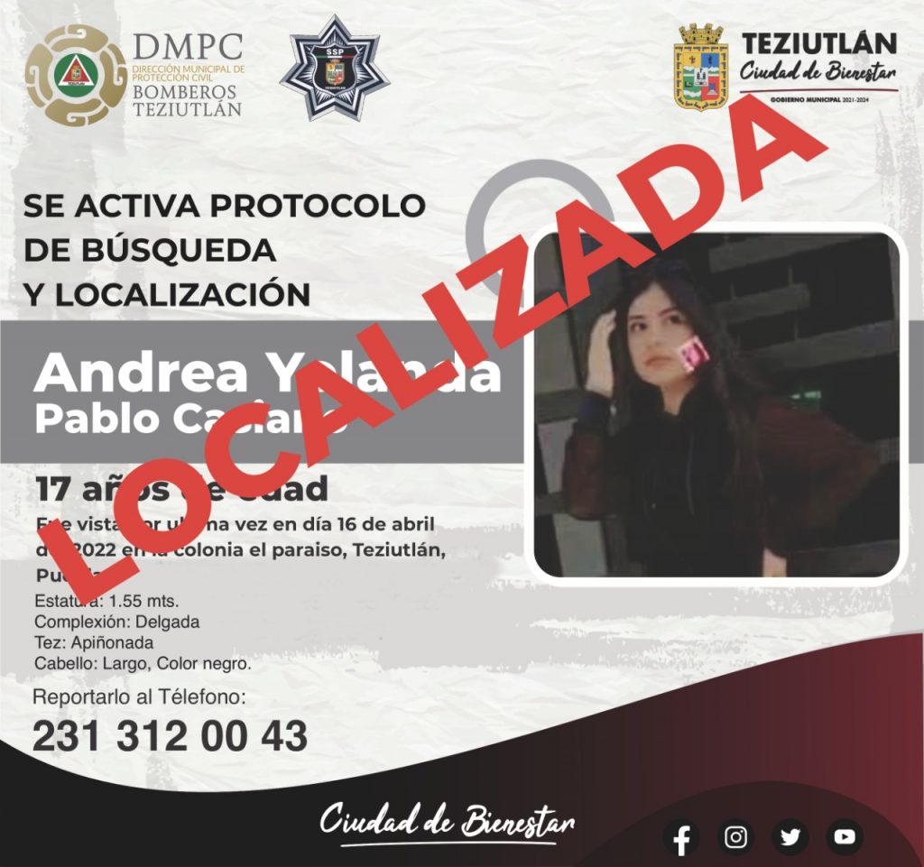Desde Teziutlán: Encuentran sana y salva a joven reportada como desaparecida