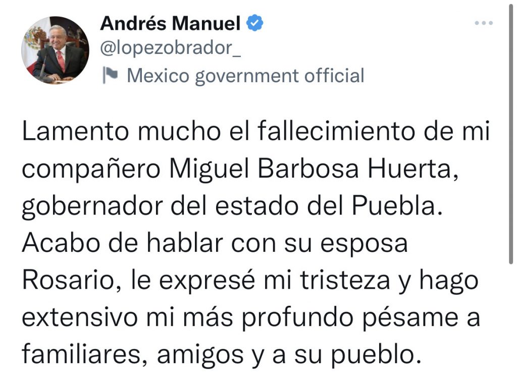 Muere el gobernador Miguel Barbosa Huerta, confirmó el presidente López Obrador