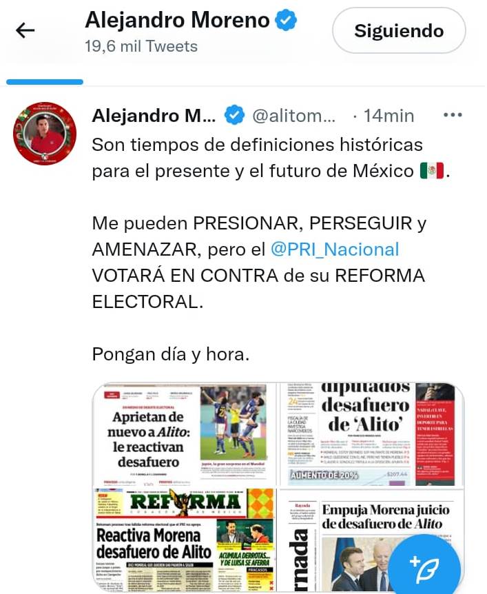 Me pueden perseguir y amenazar, pero el PRI votará en contra de Reforma Electoral: Alejandro Moreno