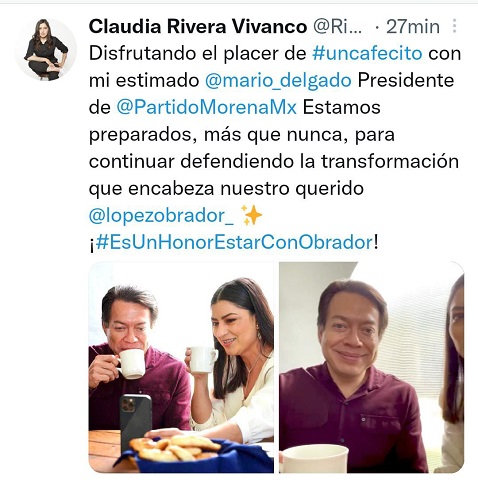 Rivera Vivanco presume que se toma un cafecito con Mario Delgado…a la hora de la marcha en Puebla por la 4T