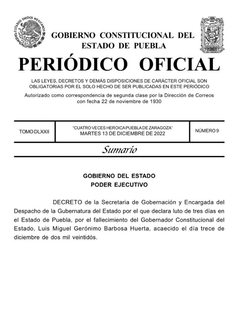 Decretan tres días de luto en Puebla