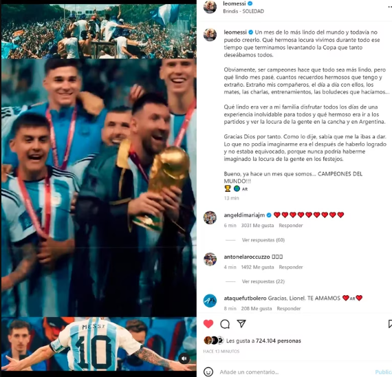 Emotiva carta de Lionel Messi a un mes de ser campeón del mundo con Argentina: “Nunca imaginé la locura de la gente en los festejos”
