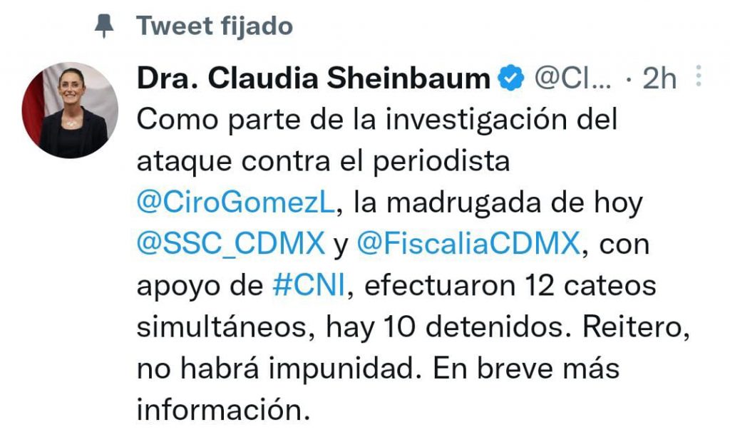 10 detenidos por atentado contra Ciro Gómez Leyva: Claudia Sheinbaum