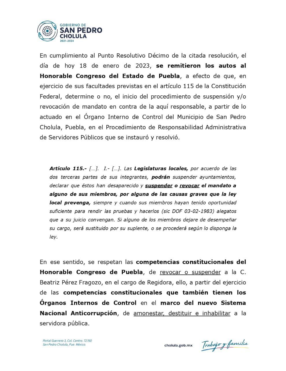 San Pedro Cholula remitió al Congreso local documentos para que determine suspensión o revocación de mandato de Beatriz Pérez como regidora