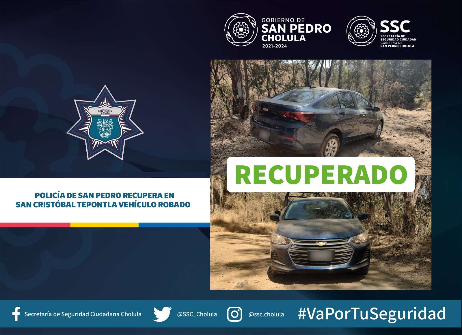 Recuperan en San Pedro Cholula vehículo robado en Tepontla