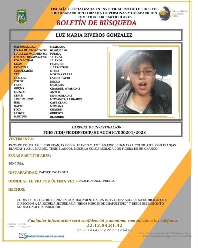 Fotonota: Desaparece niña de 12 años en Huauchinango